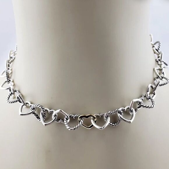Vintage David Yurman Sterling Silver & 18K Yellow Gold Heart Link Neckl… - Picture 2 of 7